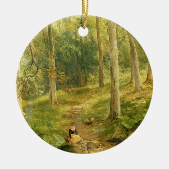 Ung flicka som badar henne fot julgransprydnad keramik (Framsidan)