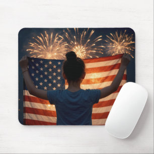 Ung flicka som håller en amerikansk flagga musmatta
