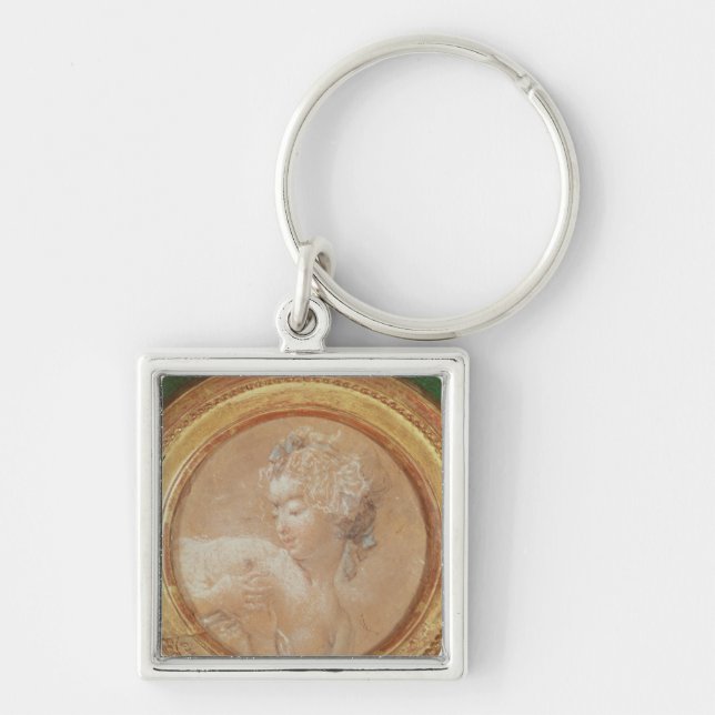 Ung flicka som pressar henne bröst fyrkantig silverfärgad nyckelring (Framsidan)