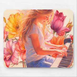 Ung flicka spelar piano i en blomsterträdgård musmatta