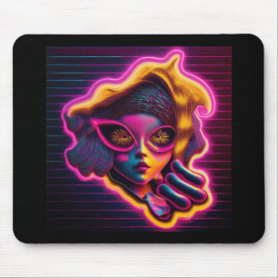 Ung flicka tittar genom neons elektriska portal musmatta