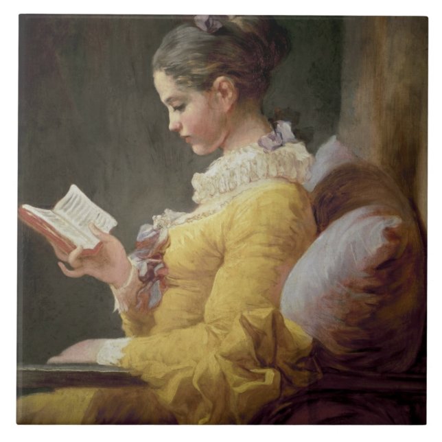 Ung flickaläsning, c.1776 kakelplatta (Framsidan)