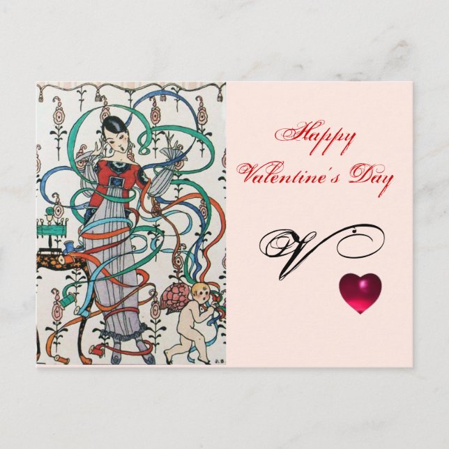 UNG GIRL,KOLORFUL RIBBON SWIRLS,CUPID Valentine Helg Vykort (Framsida)