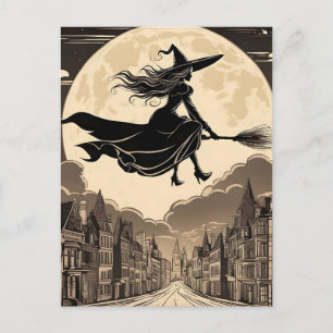 Ung Halloween-häxa som rider på en kvast över stad Vykort
