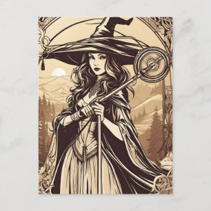 Ung häxa i sepia, vintage Halloween Vykort