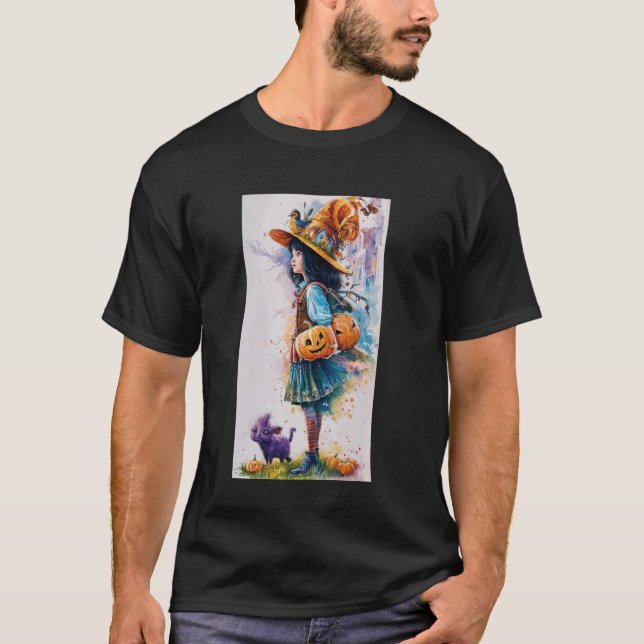Ung häxa med jackOLanterns och lila katt T Shirt (Framsida)