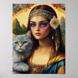 Ung Hippie Mona Lisa och Hennes Grå Katt Poster