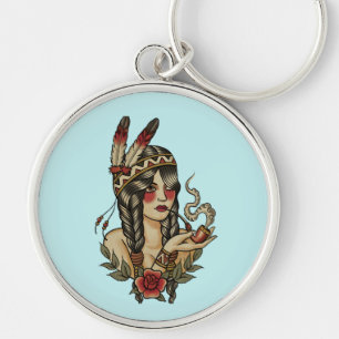 Ung indiankvinna rund silverfärgad nyckelring