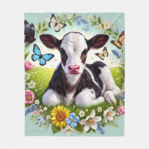 Ung kalv med Blommigt andedräkt och fjärilar Fleecefilt
