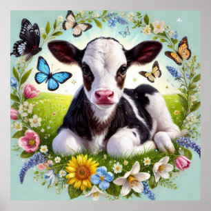 Ung kalv med Blommigt andedräkt och fjärilar Poster
