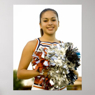 Ung kvinna, i enhetlig cheerleading poster