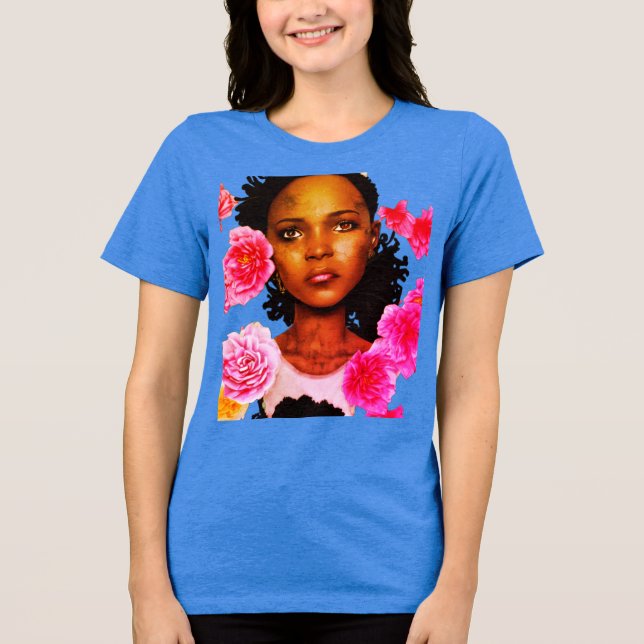 Ung kvinna omgiven av rosa blommor t shirt (Framsida)