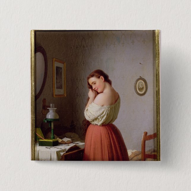 Ung kvinna som flätar henne hår knapp (Framsida)