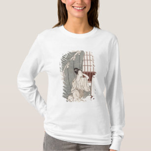 Ung kvinna som knäfaller vid henne myggan netto, tee shirt