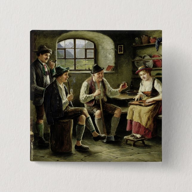 Ung kvinna som leker en Zither Knapp (Framsida)