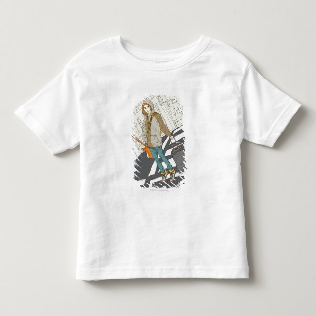Ung kvinna som står på gatan med bagage tee (Framsida)