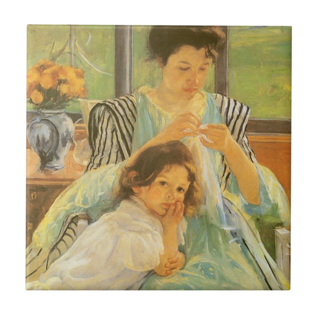 Ung mor som syr av Mary Cassatt Kakelplatta (Framsidan)