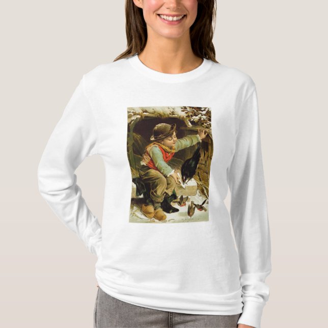 Ung pojke med fåglar i snön t shirt (Framsida)