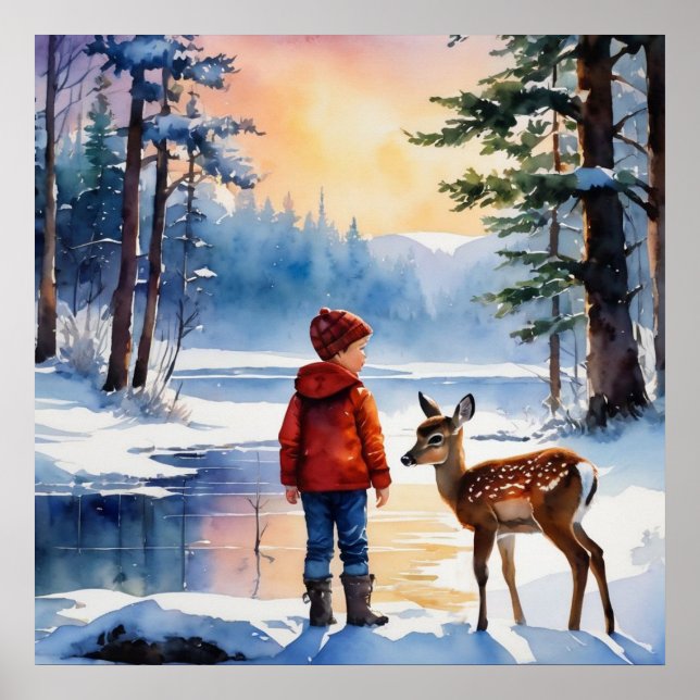 Ung pojke med fawn hjort poster (Framsidan)