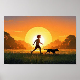 Ung pojke med hund vid solnedgång poster