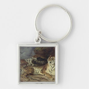 Ung tiger som leker med hans mor, 1830 (olja på fyrkantig silverfärgad nyckelring