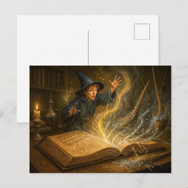 Ung trollkarl med bok fantasyillustration helg vykort (Fram/baksida)