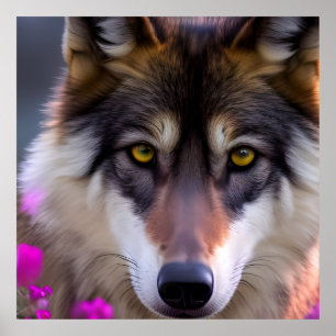 Ung varg i blommor från Fuchsia rosa Poster
