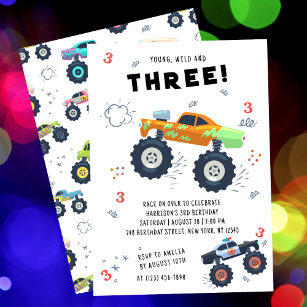 Ung Vild 3:e födelsedag Barn Monster Car Lastbilar Inbjudningar