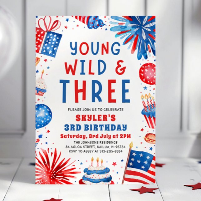 Ung Vild och 3 4 juli 3:e födelsedagen Party Inbjudningar (Watercolor Patriotic Fireworks Young Wild and Three 4th July 3rd Birthday Party Invitation)