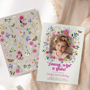 Ung Vild och 3 jodblommor, fjäril, födelsedagsfoto Inbjudningar