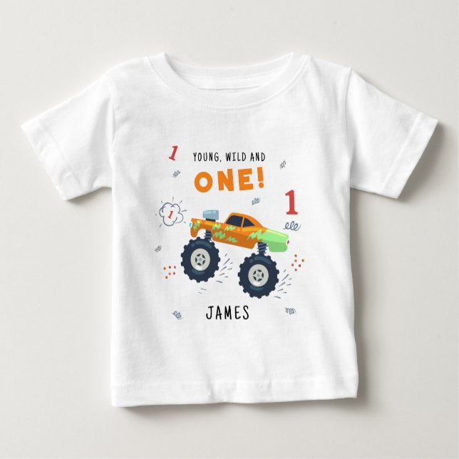 Ung vild och en 1-års födelsedag barn monsterbil t shirt (Framsida)