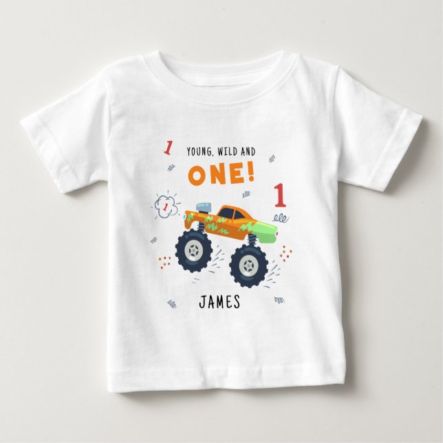Ung vild och ett 1-års födelsedag barn monsterbil t shirt (Framsida)