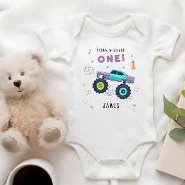 Ung Vild Och Ett 1-års Födelsedagsbarn Monsterbil T Shirt