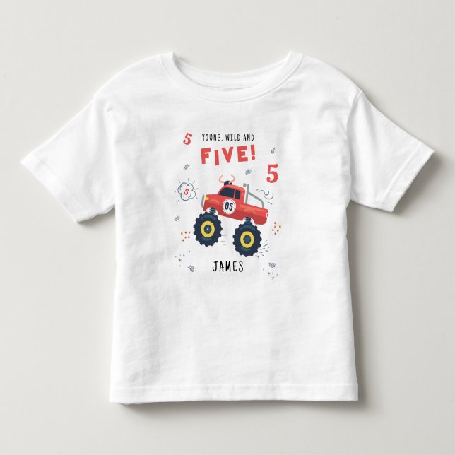 Ung vild och fem 5-års födelsedag barn monsterbil t shirt (Framsida)