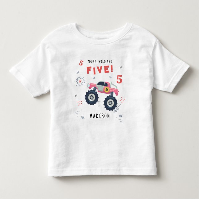 Ung Vild Och Fem 5-års Födelsedag Barn Monsterbil T Shirt (Framsida)