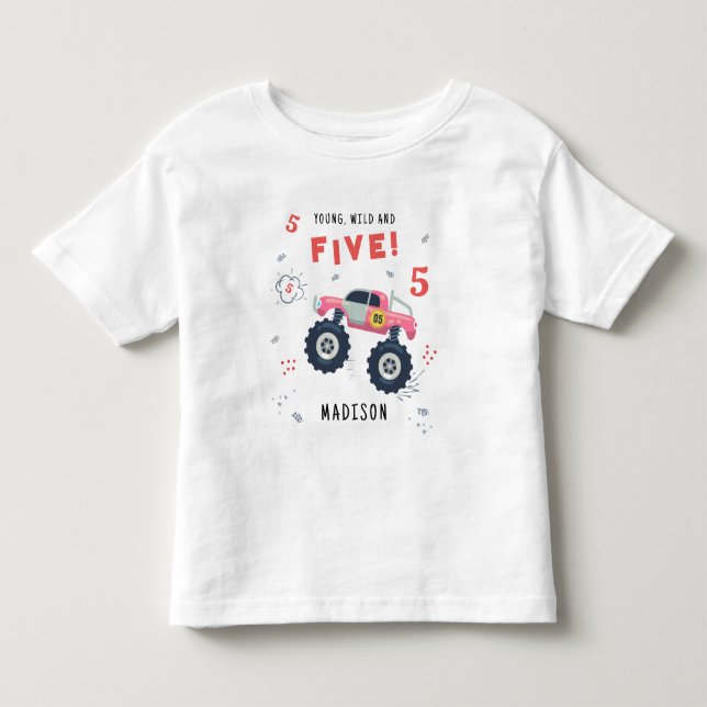 Ung Vild Och Fem 5-års Födelsedagsbarn Monsterbil T Shirt (Framsida)