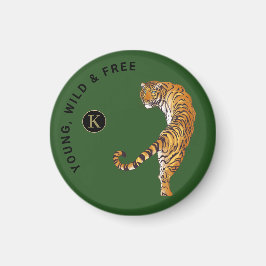 Ung, Vild och fri tigerbakgrund, Monogram Grönt -  Magnet