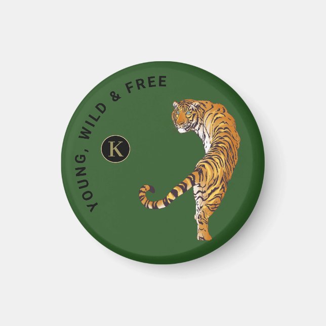 Ung, Vild och fri tigerbakgrund, Monogram Grönt -  Magnet (Framsidan)