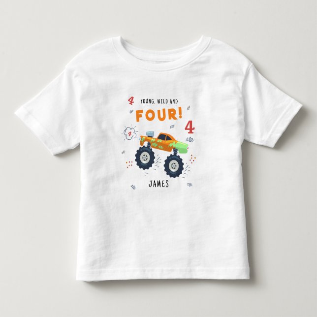 Ung Vild Och Fyra 4-års Födelsedag Barn Monsterbil T Shirt (Framsida)