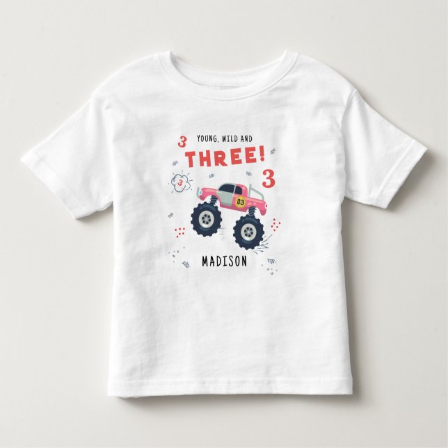 Ung Vild Och Tre 3-års Födelsedag Barn Monsterbil T Shirt (Framsida)