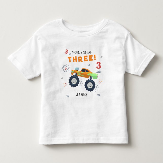 Ung Vild Och Tre 3-års Födelsedagsbarn Monsterbil T Shirt (Framsida)