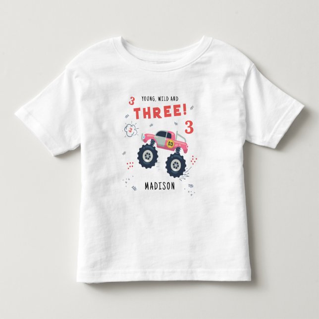 Ung Vild Och Tre 3-års Födelsedagsbarn Monsterbil T Shirt (Framsida)