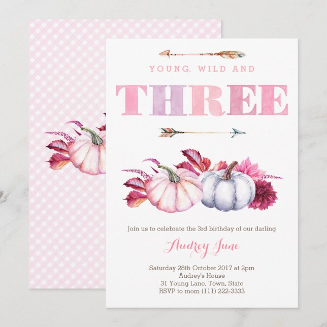 Ung Vild och tre, boho 3:e födelsedagen Party Inbjudningar (Fram/baksida)