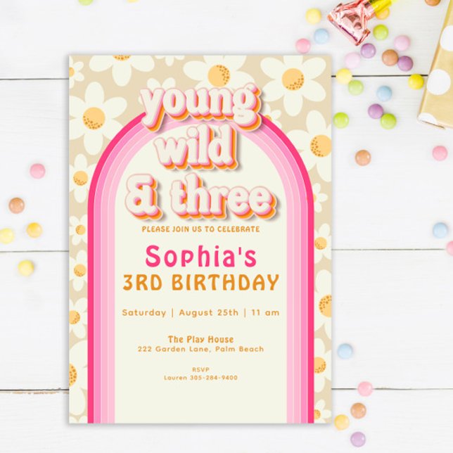 Ung Vild och Tre Boho Daisy Rainbow Birthday I Inbjudningar (Skapare uppladdad)
