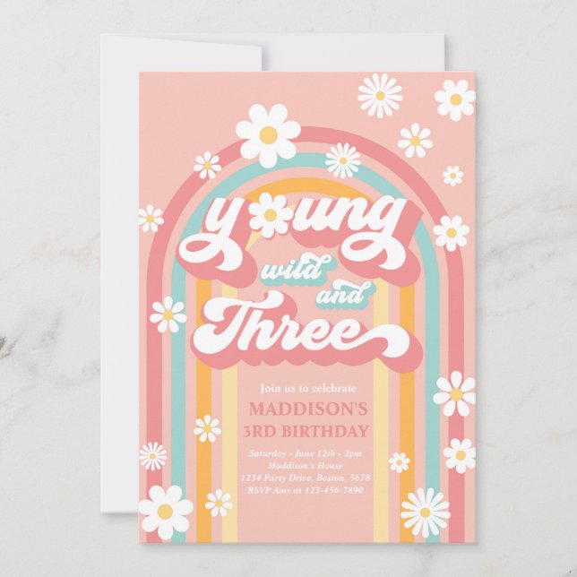Ung Vild och tre Boho Daisy Regnbåge Birthday Inbjudningar (Framsida)