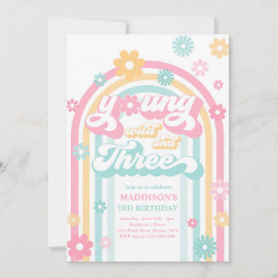 Ung Vild och tre Boho Daisy Regnbåge Birthday Inbjudningar