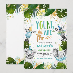 Ung Vild och tre dagars Safari Animals Party Inbjudningar
