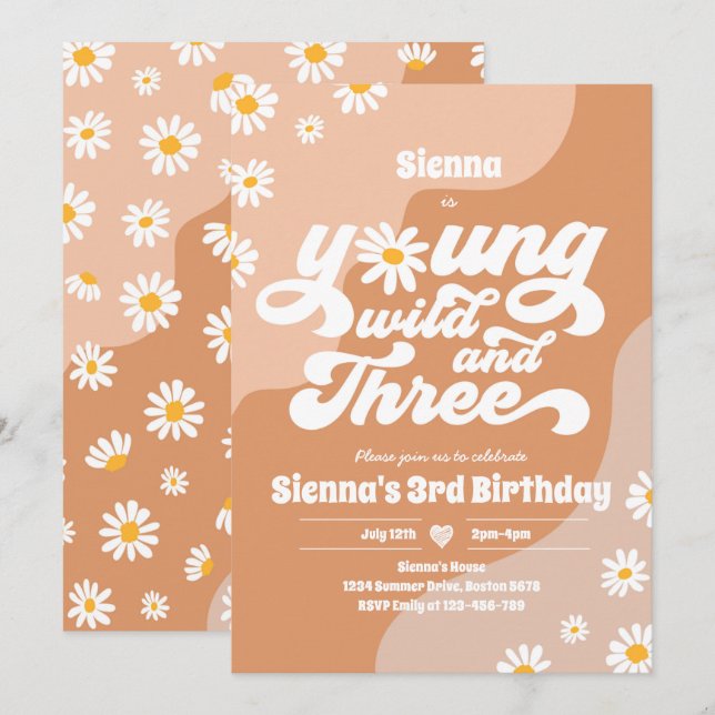 Ung Vild och tre Födelsedagsfesters Boho-Daisy Inbjudningar (Fram/baksida)