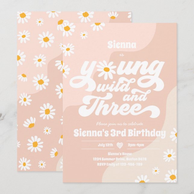 Ung Vild och tre Födelsedagsfesters Boho-Daisy Inbjudningar (Fram/baksida)