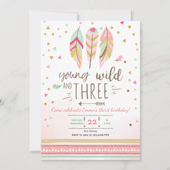 Ung vild och tre inbjudan Girl Rosa Guld 3:e (Framsida)